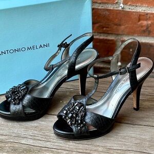 Antonio Melani Black Leather Embellished Beaded Heels Open Toe Sz 6.5M